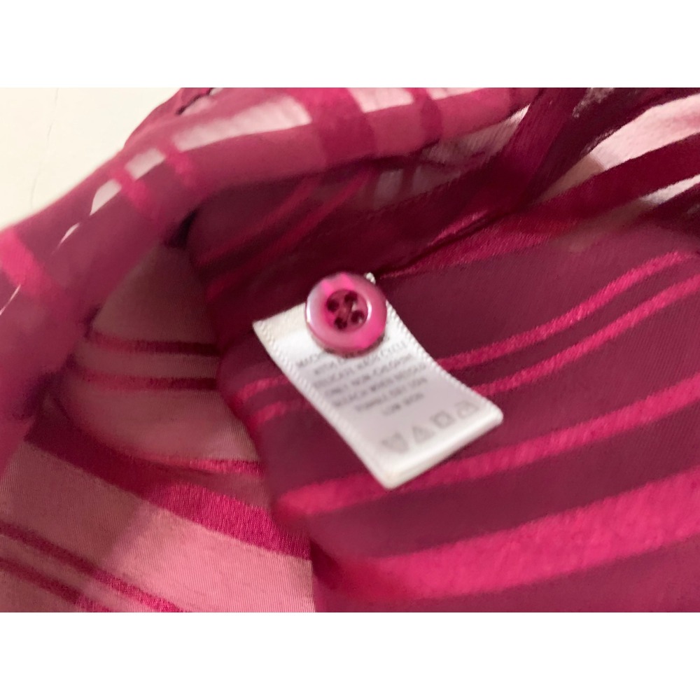 George ME Mark Eisen Dark Raspberry Striped Ruffle Sheer Blouse Size Large - Picture 13 of 14